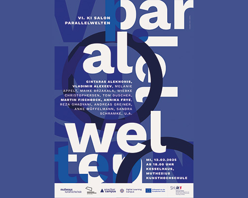 Blaue-weiße Plakatgestaltung des "KI Salons", auf dem der Schriftzug "Parallelwelten" zu lesen ist