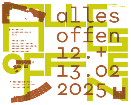 Grafische Gestaltung zum Studieninfotag. Zu lesen ist "Alles offen - 12.2. und 13.2.25"