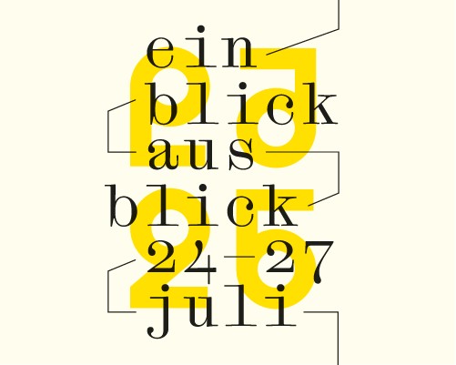 Grafische Gestaltung mit gelben Bildmarken und dem Schriftzug "Einblick Ausblick 24-27 Juli"