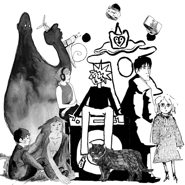 Schwarz-weiß-Illustration verschiedener Figuren