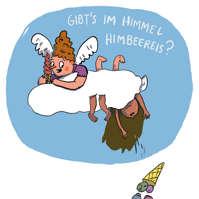 Illustration eines Engels, dem eine Eiswaffel aus der Hand f&auml;llt